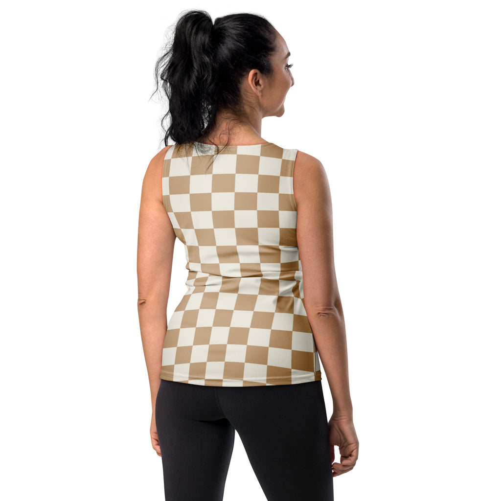 Women’s beige checkerboard sleeveless tank top quick drying buttery soft fabric with upf 50 plus protection
