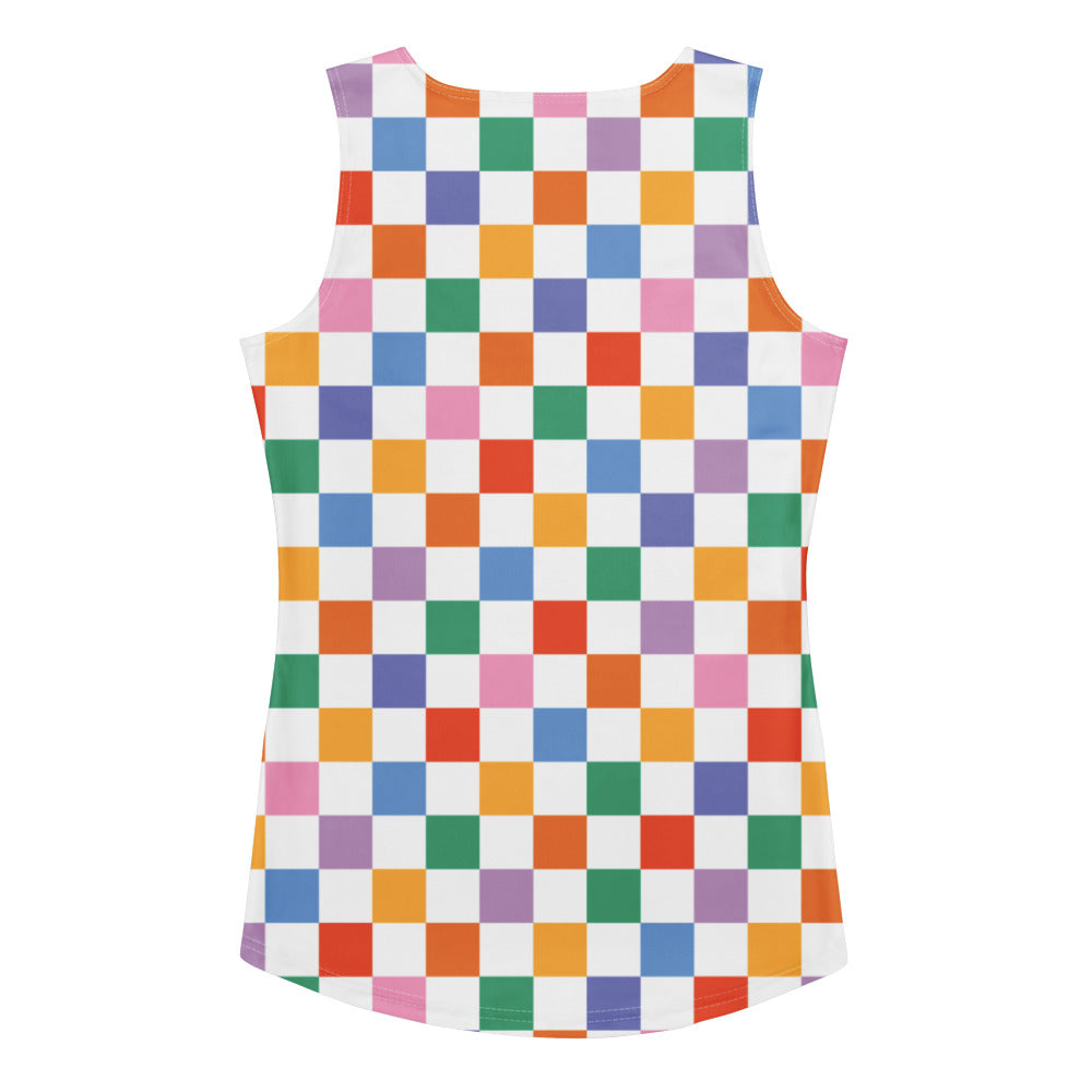 A vibrant colorful checkerboard sleeveless top in pink orange blue green and purple made of quick drying soft fabric