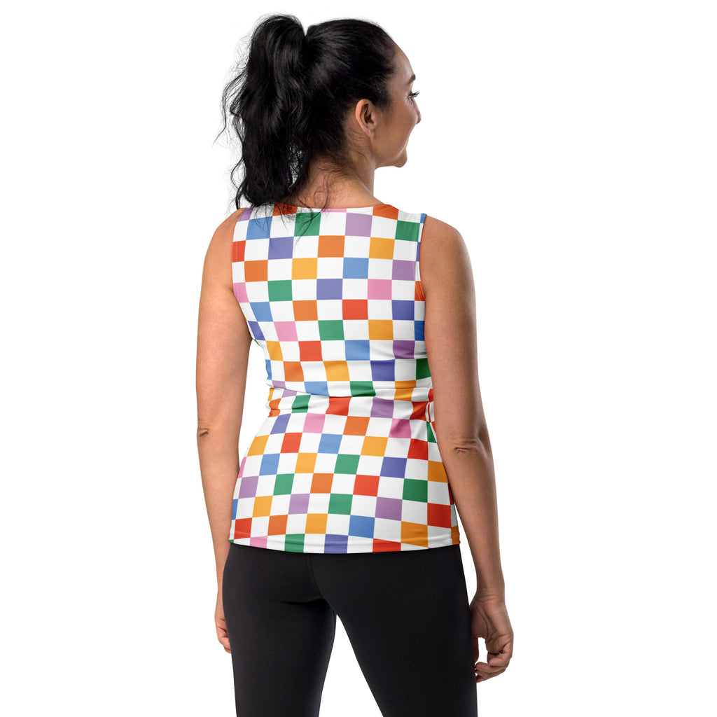 A vibrant sleeveless women’s colorful checkerboard tank top with quick drying buttery soft fabric and UPF 50+ protection