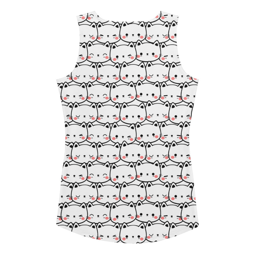 White sleeveless tank top with black outlined cartoon cats and pink cheeks made from quick drying buttery soft fabric