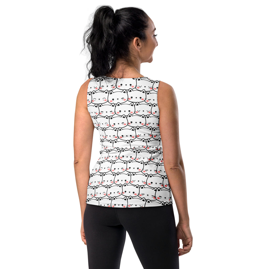 White sleeveless top with black outlined cartoon cats and pink cheeks quick drying buttery soft fabric upf 50+