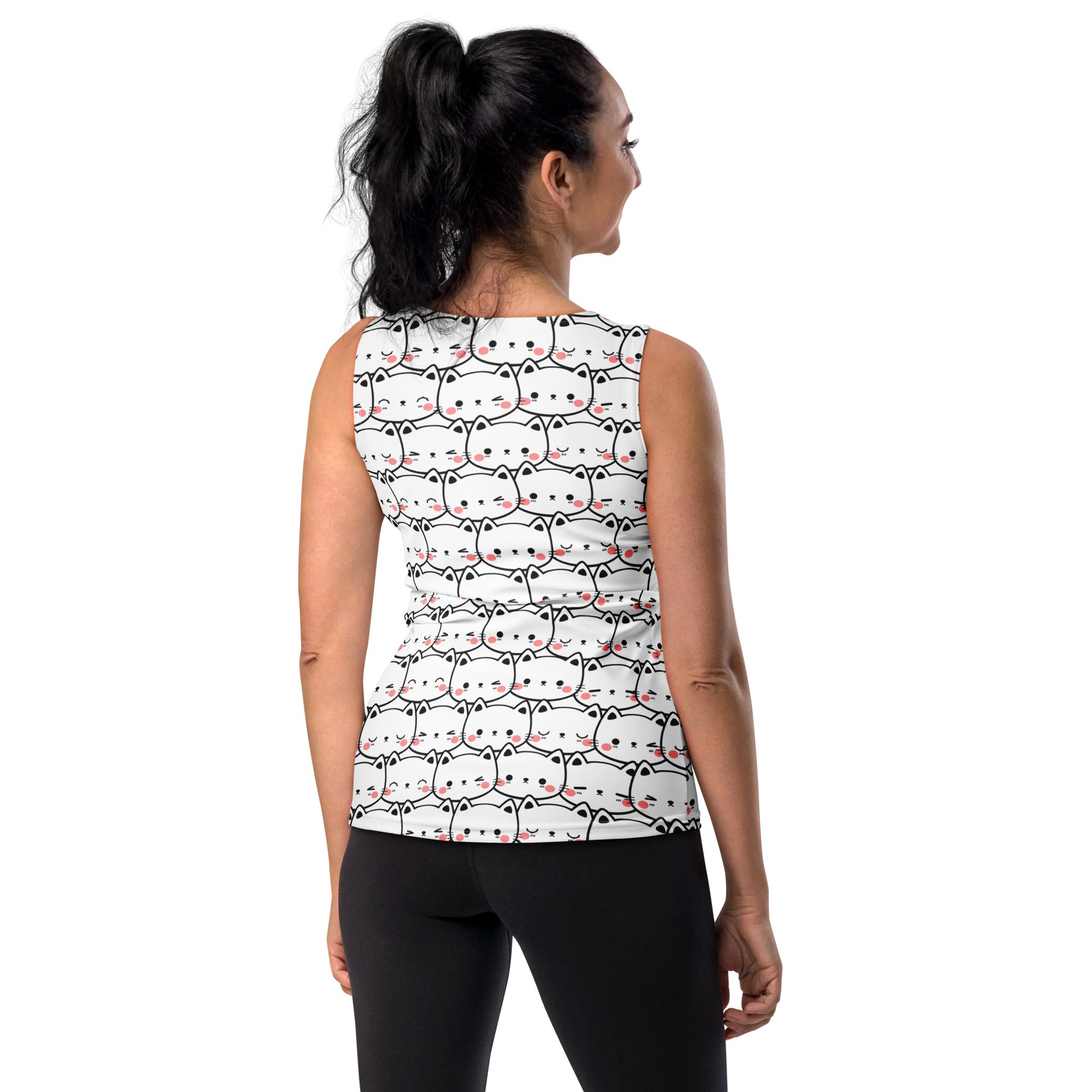 White sleeveless top with black outlined cartoon cats and pink cheeks quick drying buttery soft fabric upf 50+