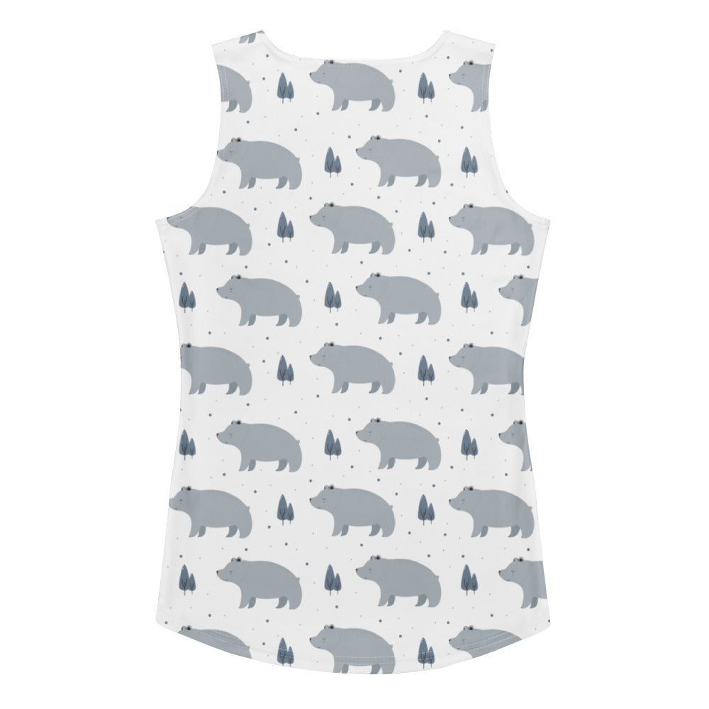 White sleeveless women’s tank top with gray bear and tree pattern quick drying buttery soft fabric upf 50+