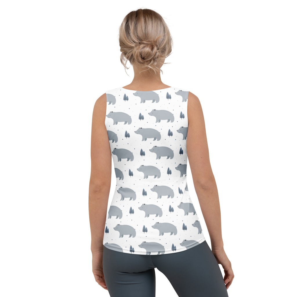 White sleeveless women’s tank top with gray bear and dark green tree pattern made of quick drying soft fabric with UPF 50+