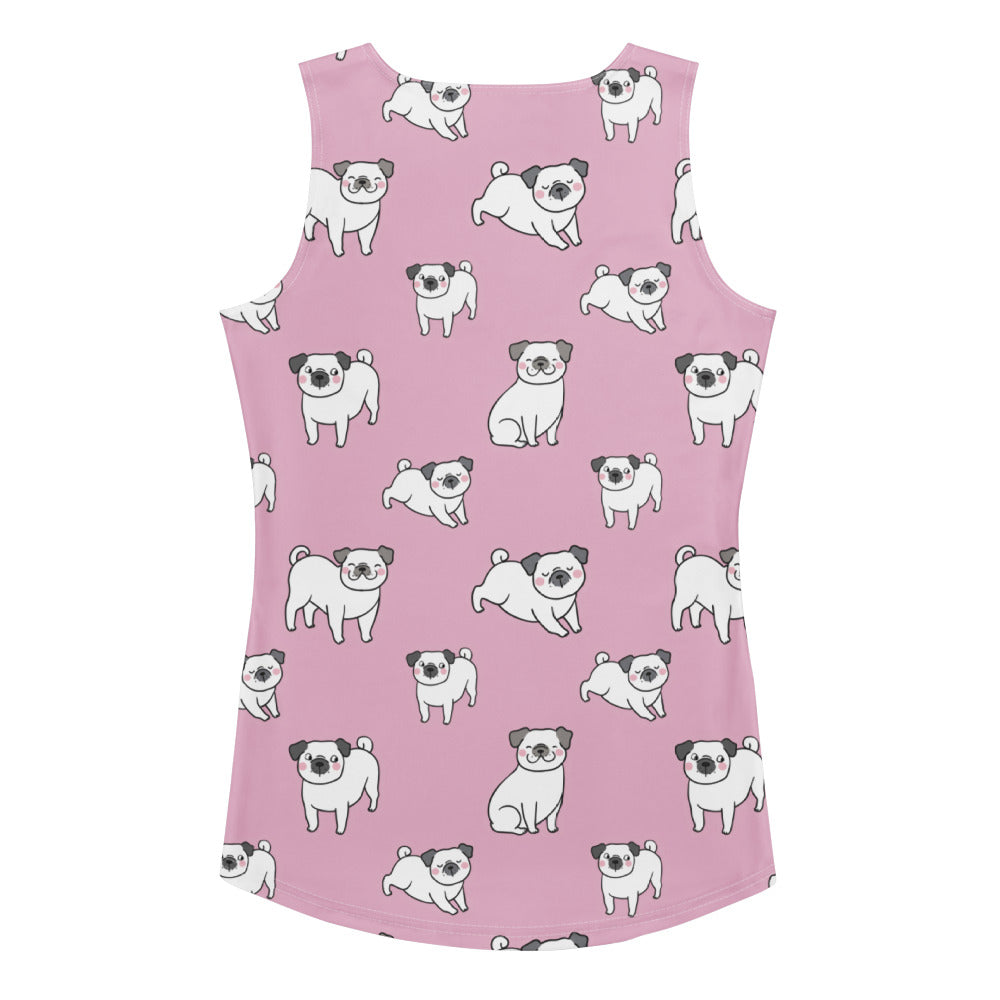 Women’s pink pug tank top with quick drying buttery soft fabric and upf 50 plus featuring cartoon pug pattern