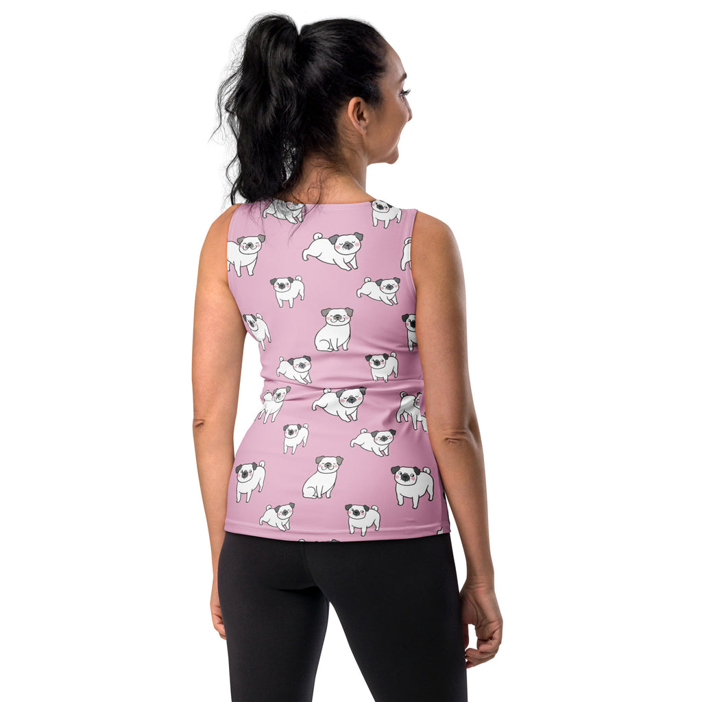 Women’s pink pug tank top with playful white pug pattern quick drying buttery soft fabric upf 50+