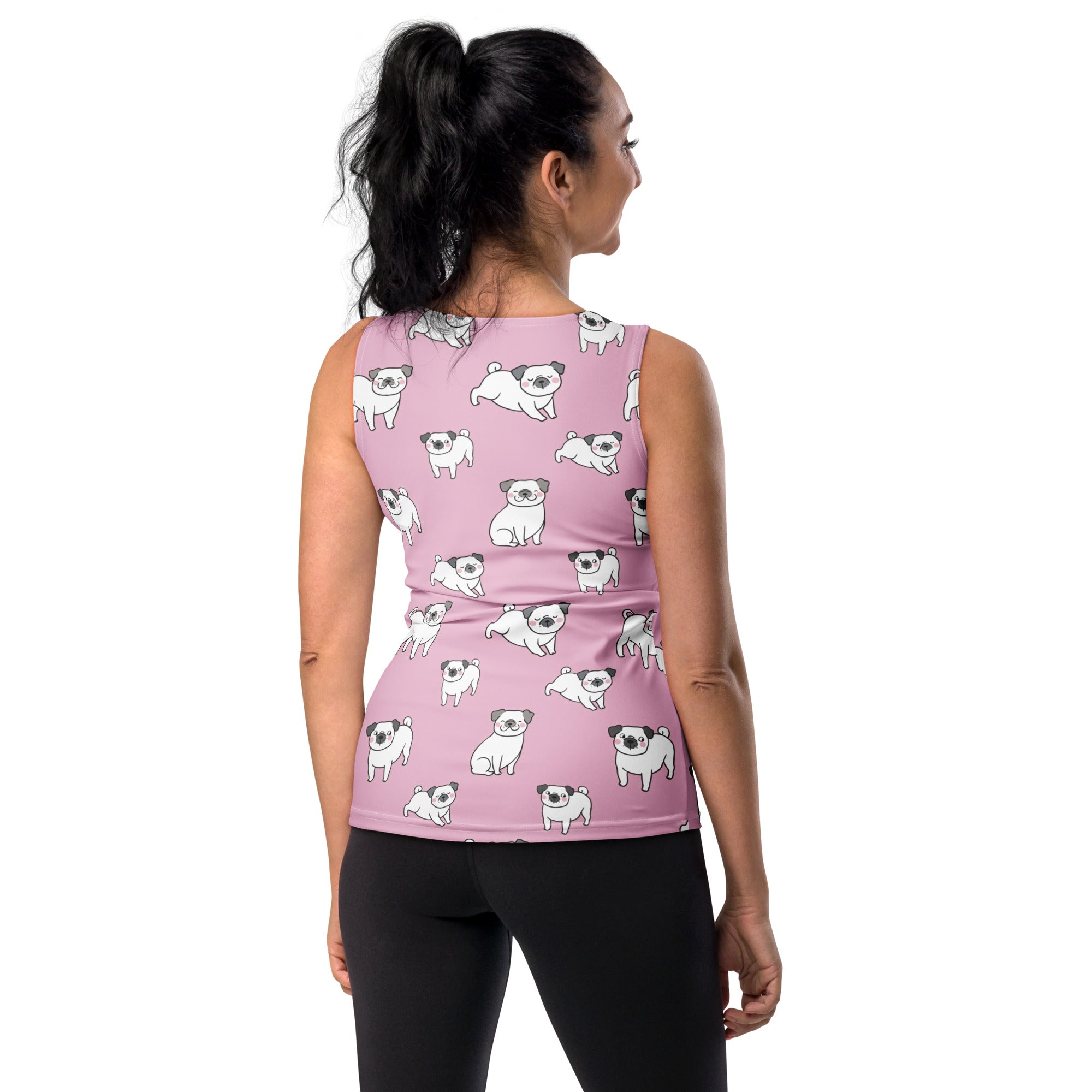 Women’s pink pug tank top with playful white pug pattern quick drying buttery soft fabric upf 50+