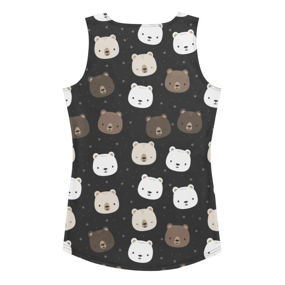 A black sleeveless women’s tank top with white and brown bear faces in quick drying buttery soft fabric with UPF 50+