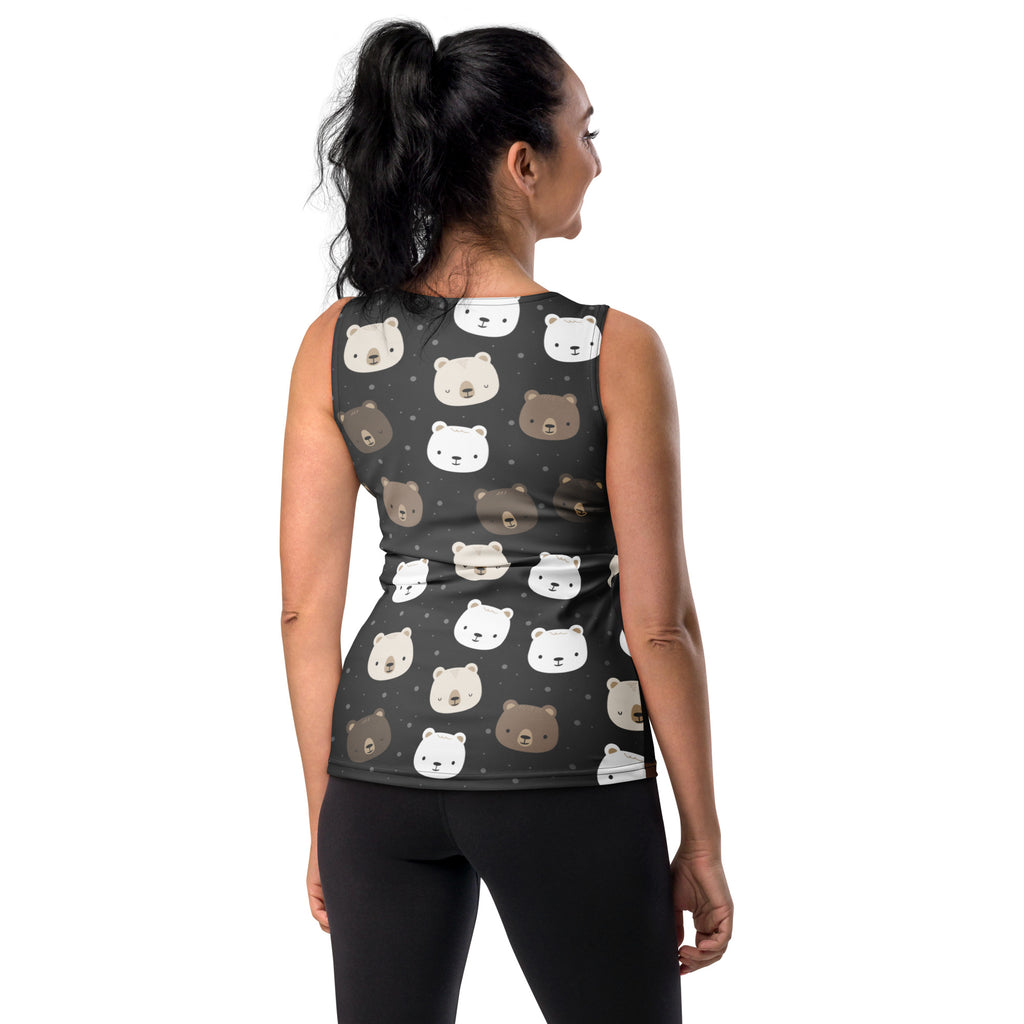 Women’s dark gray sleeveless athletic top with playful white and brown bear faces in quick drying buttery soft fabric