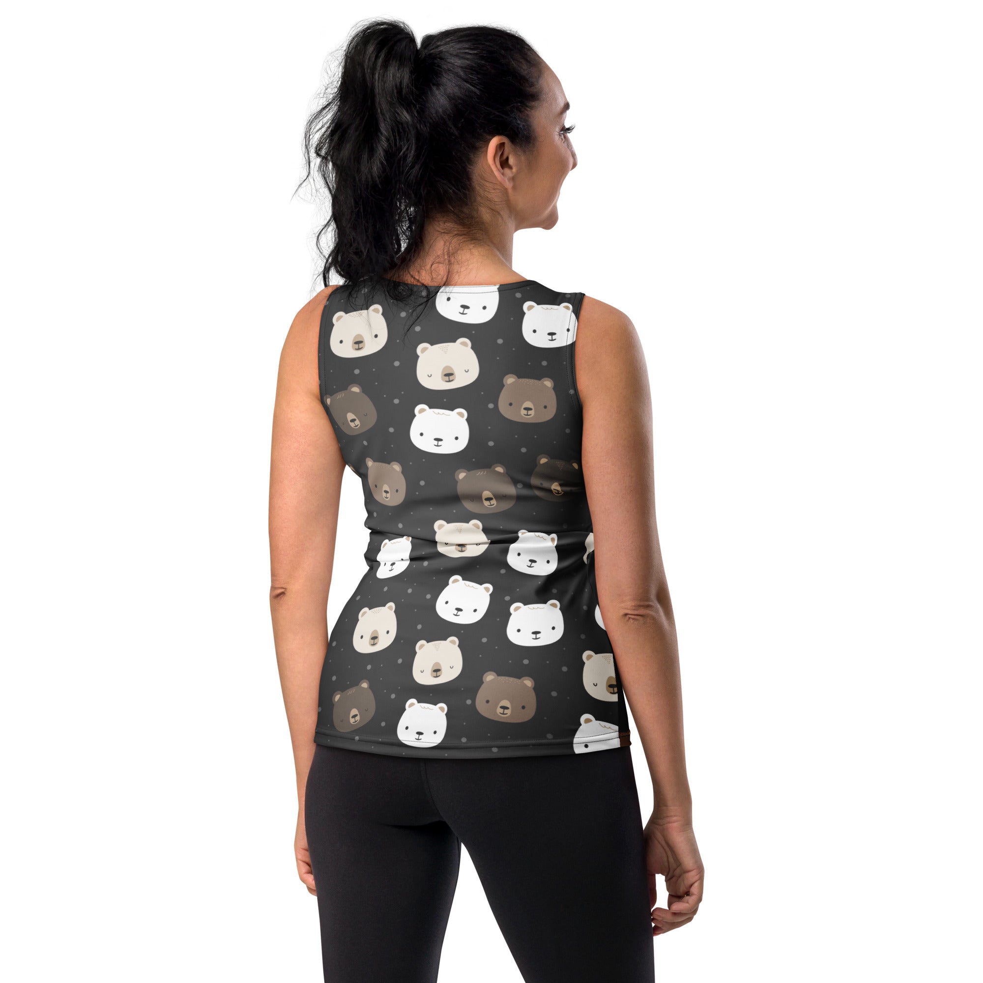 Women’s dark gray sleeveless athletic top with playful white and brown bear faces in quick drying buttery soft fabric