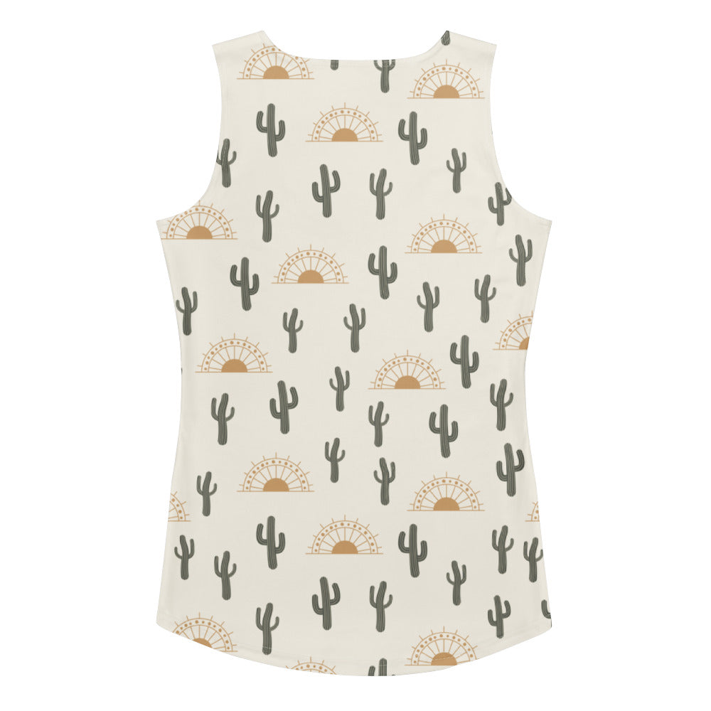 Cream-colored women’s cactus desert sunrise tank top with quick-drying buttery soft fabric and UPF 50+ protection