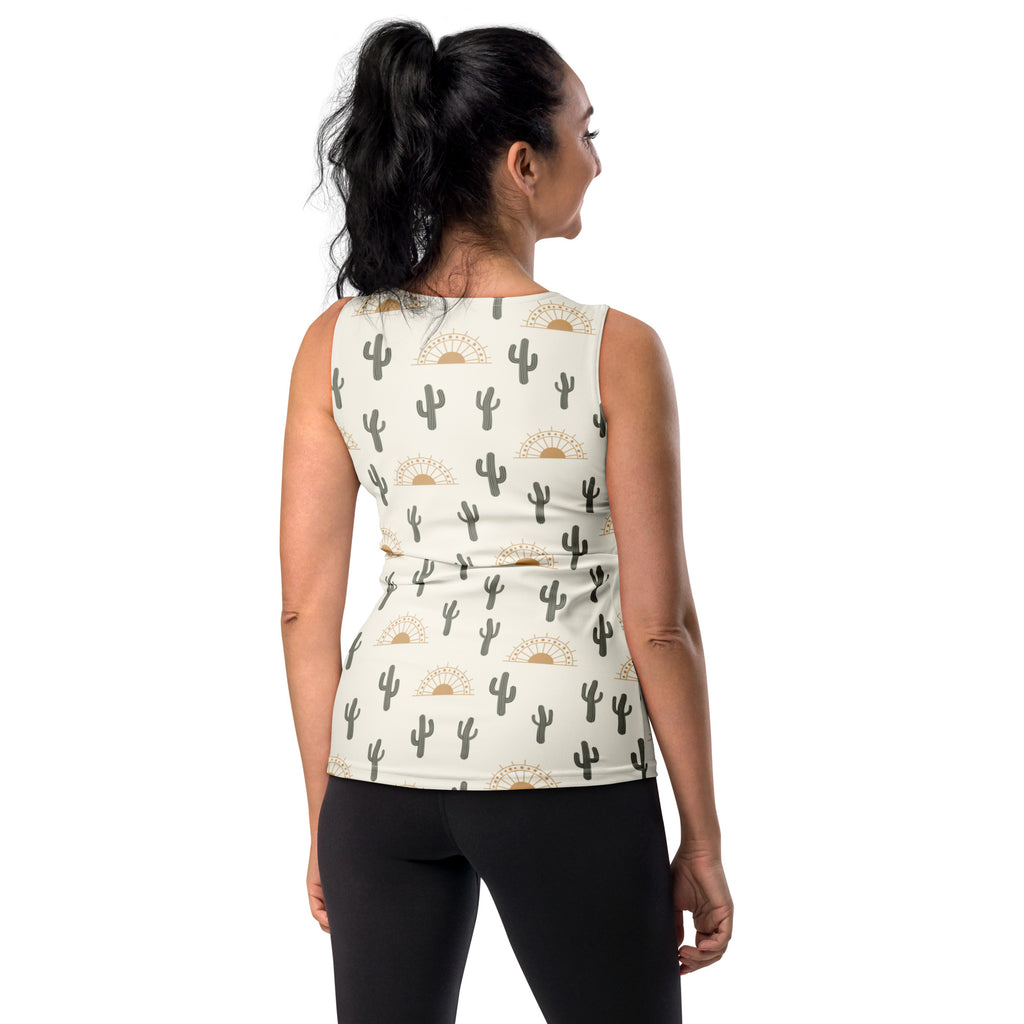 Women’s cactus desert sunrise tank top in cream with black cacti and gold sunbursts quick drying buttery soft fabric upf 50+