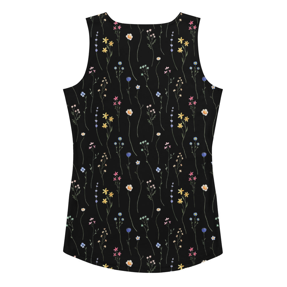 Women’s black wildflower tank top with delicate pastel floral pattern quick drying buttery soft fabric upf 50+