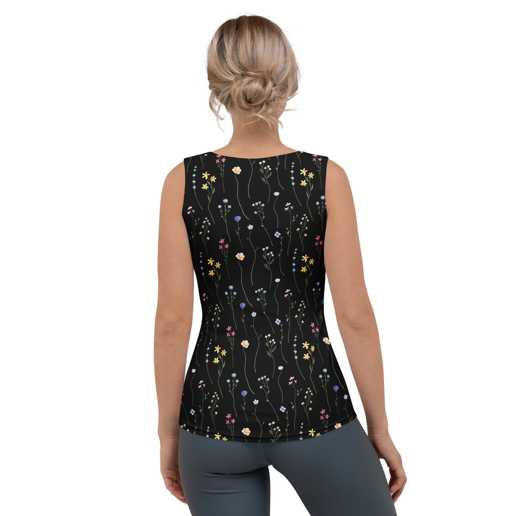 Women’s black wildflower tank top with multicolored floral pattern quick drying buttery soft fabric upf 50+