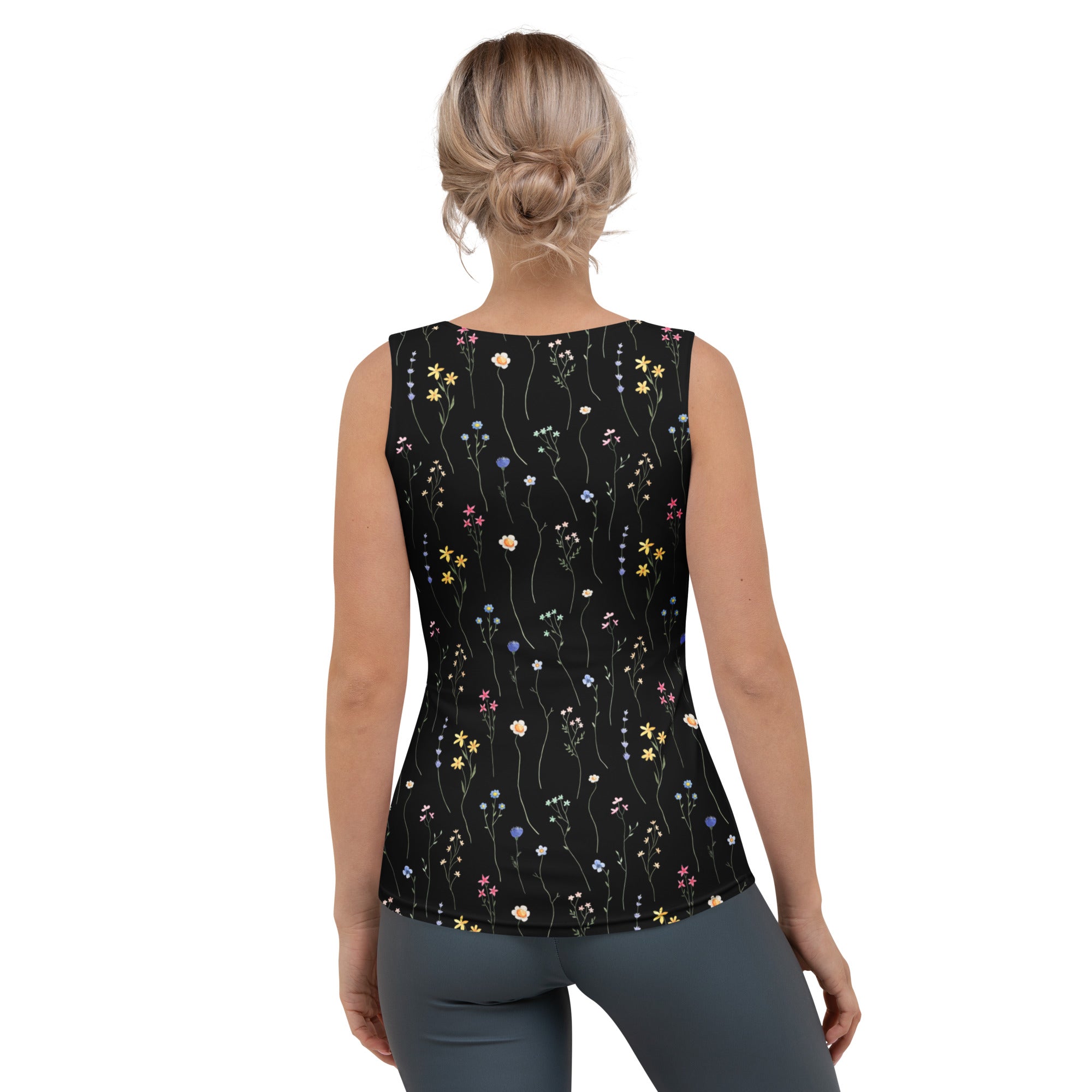 Women’s black wildflower tank top with multicolored floral pattern quick drying buttery soft fabric upf 50+