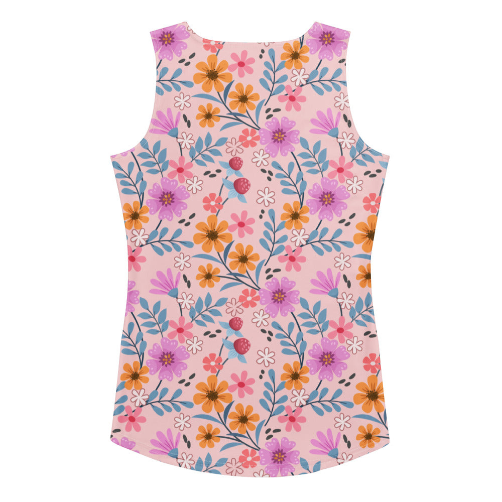 Women’s pink floral sleeveless tank top with vibrant purple orange blue blossoms quick drying buttery soft fabric upf 50+
