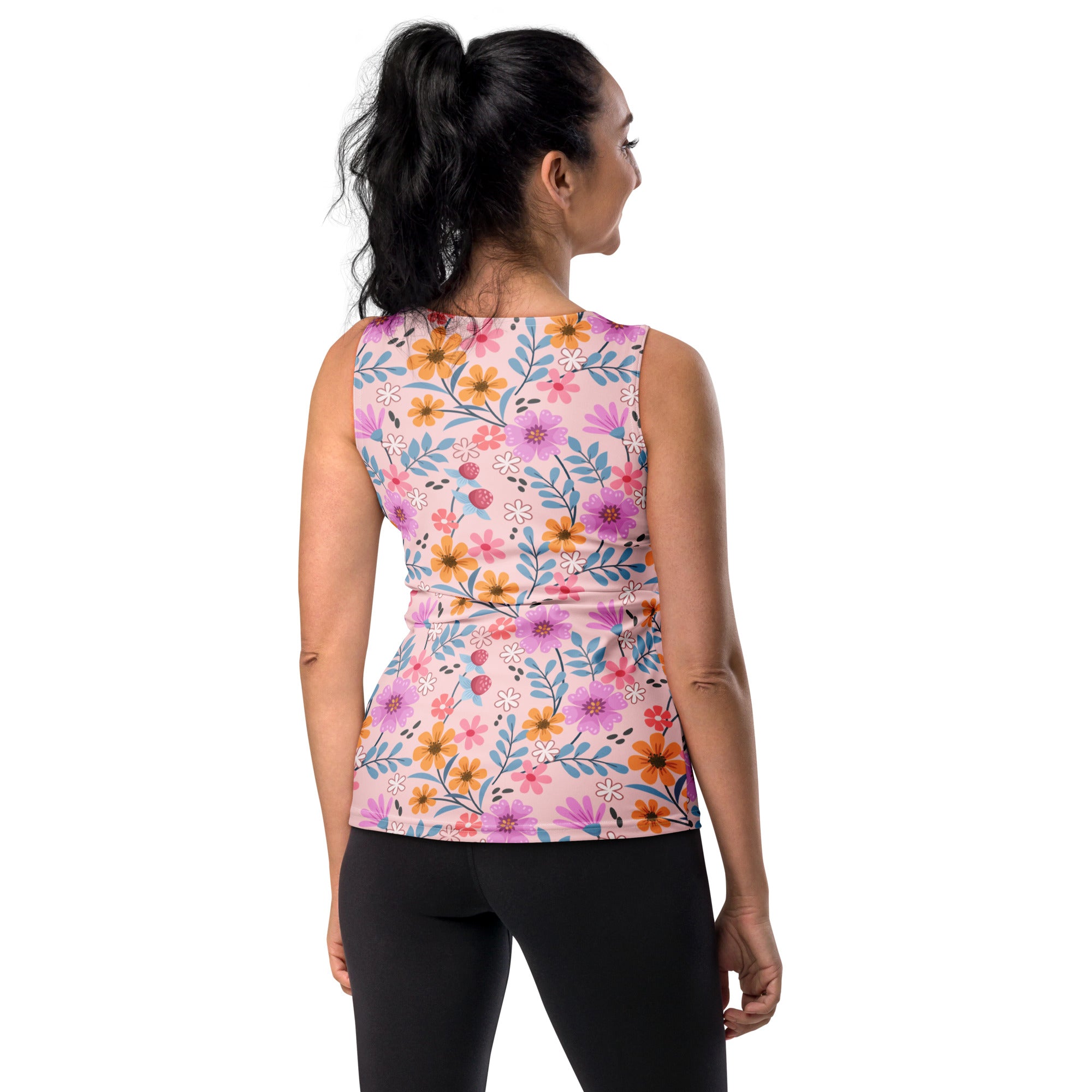 Women’s pink floral tank top with vibrant orange purple blue blossoms quick drying buttery soft fabric upf 50+