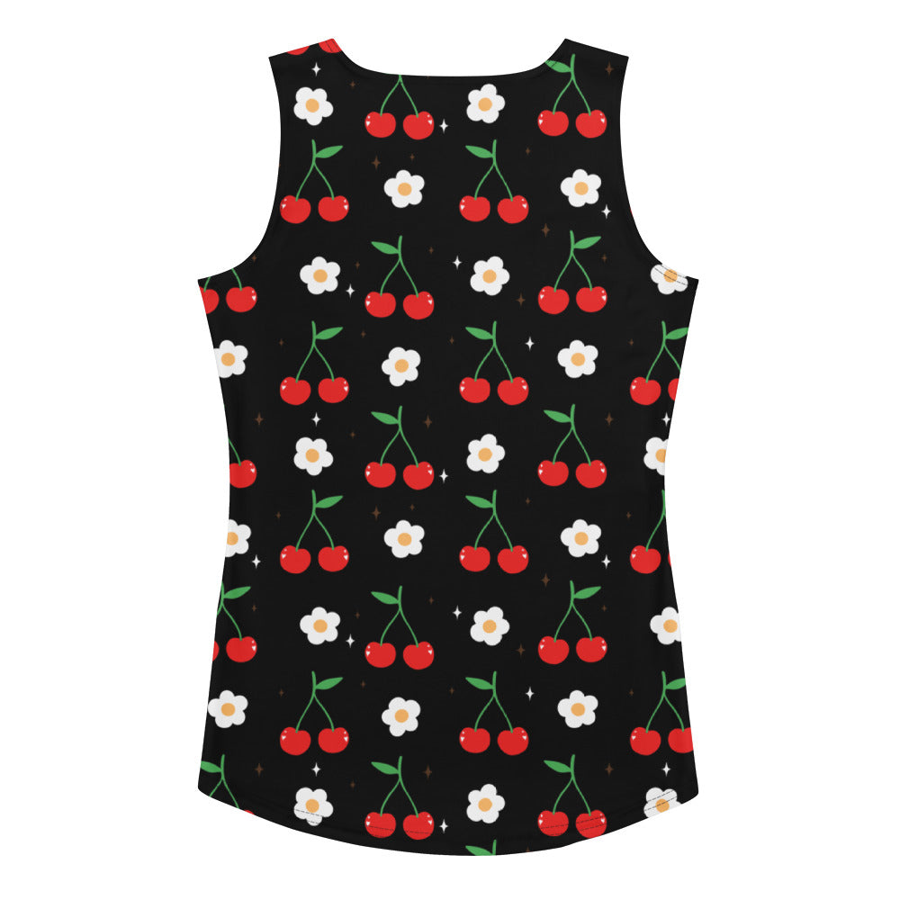 Black sleeveless tank top with red cherry and white daisy print made of quick drying buttery soft fabric with upf 50+