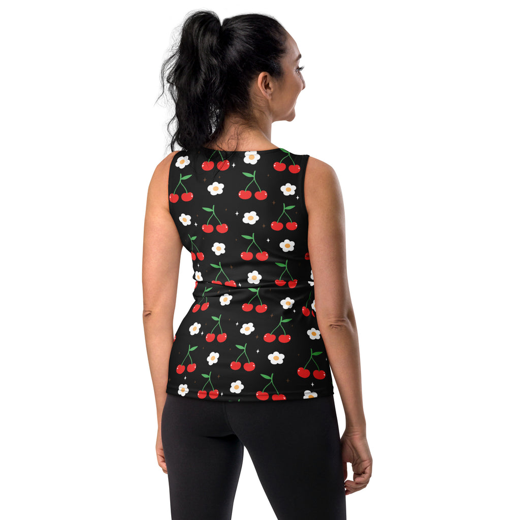 Women’s black cherry and daisy print tank top quick drying buttery soft fabric with upf 50 plus