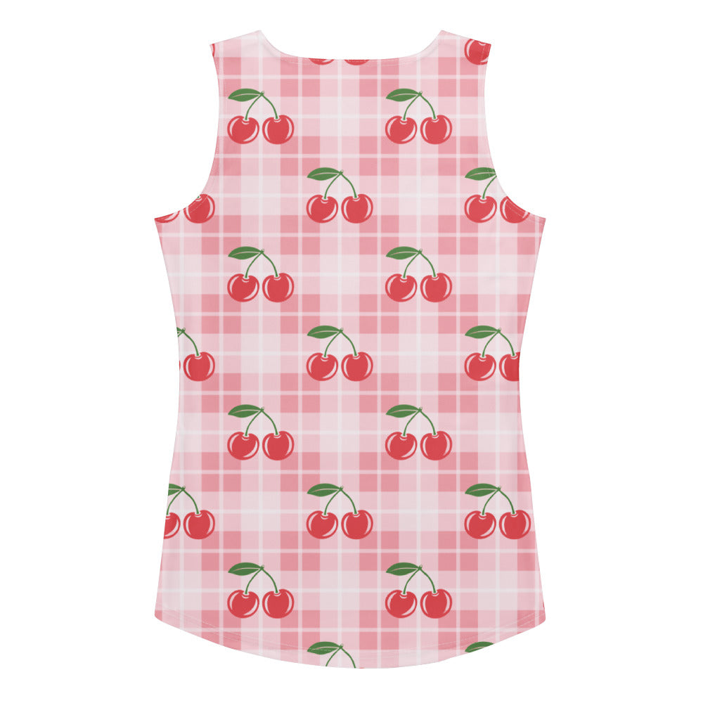 Women’s pink gingham cherry tank top with sleeveless design quick drying buttery soft fabric and upf 50+ protection