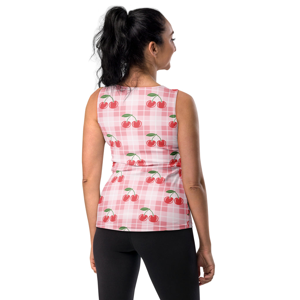 Women’s pink gingham cherry tank top with red cherry pattern quick drying buttery soft fabric upf 50 plus