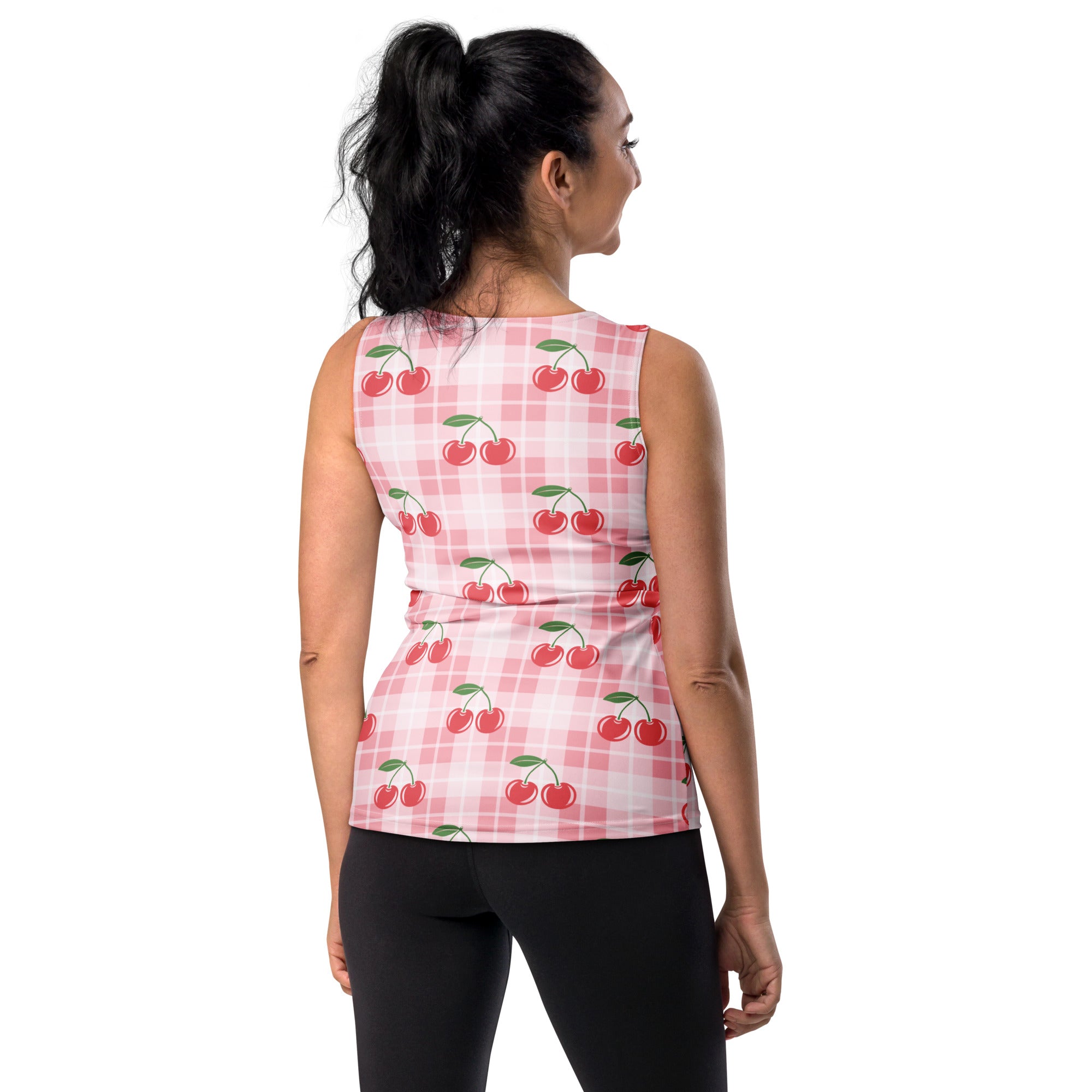 Women’s pink gingham cherry tank top with red cherry pattern quick drying buttery soft fabric upf 50 plus