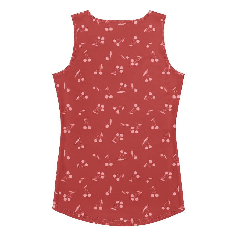 Women’s minimal red sleeveless top with light pink cherry print made of quick drying buttery soft fabric with UPF 50+