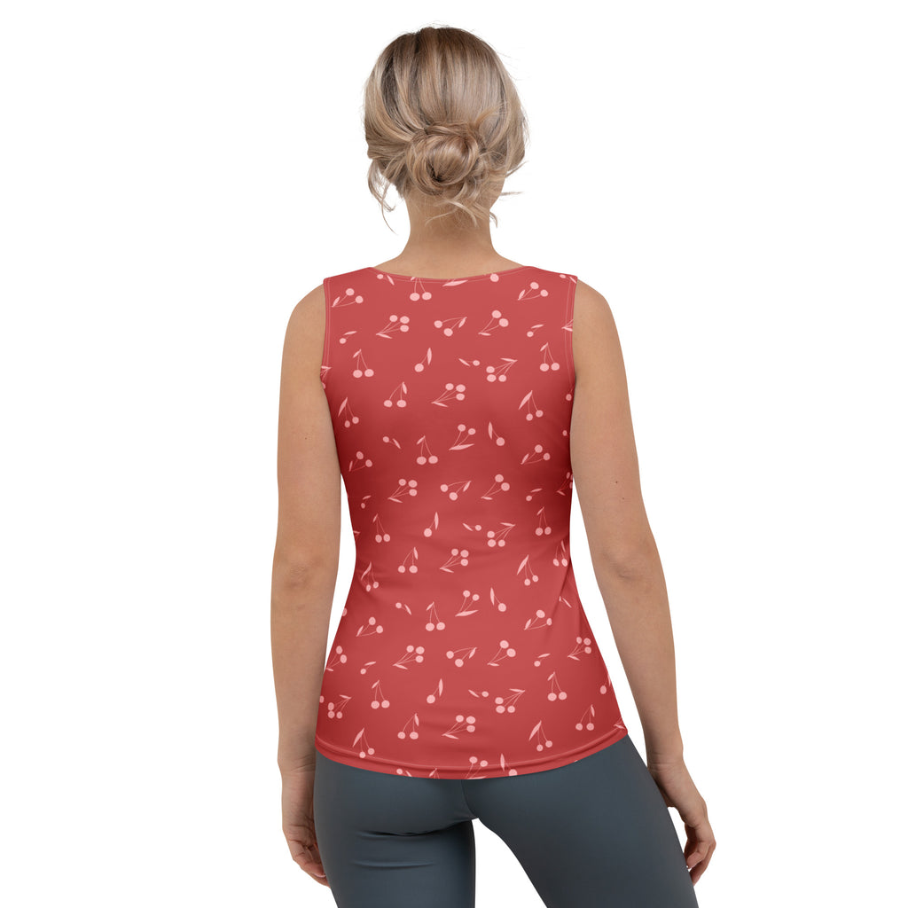 A red sleeveless tank top with white cherry print made of quick drying, buttery soft fabric with UPF 50 plus protection