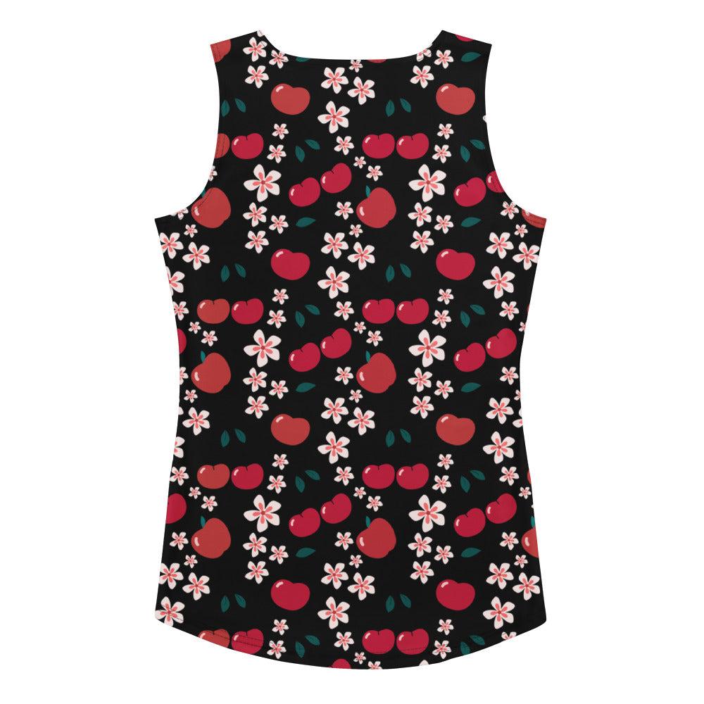 Black sleeveless tank top with red cherries and pink blossoms quick drying buttery soft fabric upf 50+