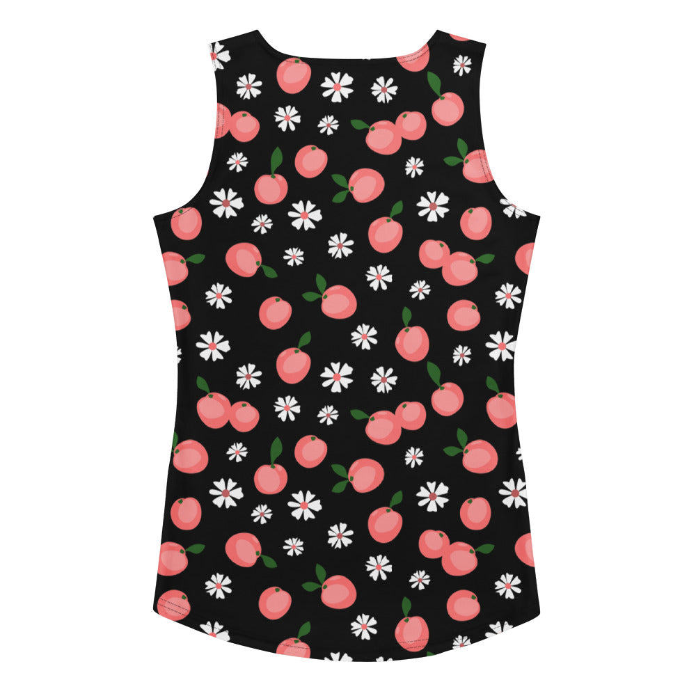 Women’s black sleeveless tank top with pink cherries and white daisies print made from quick drying buttery soft fabric with upf 50+