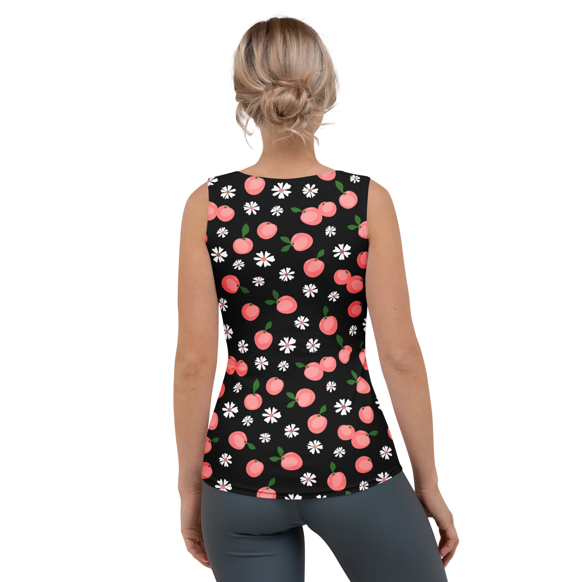Women’s black sleeveless tank top with pink cherry and white daisy print quick drying buttery soft fabric upf 50+