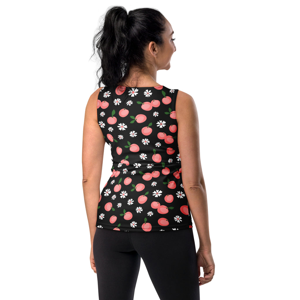 Black sleeveless women’s tank top with pink peach and white daisy print made of quick drying buttery soft fabric with UPF 50+