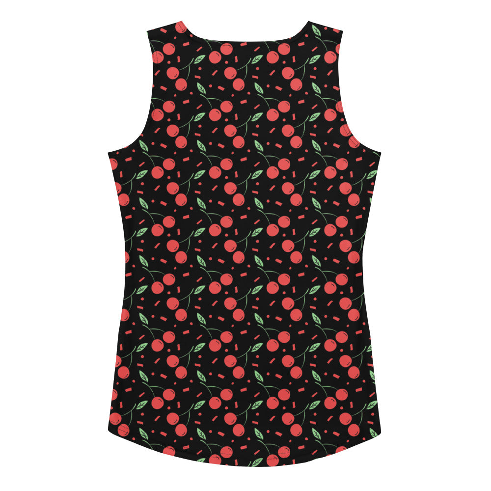 Black women’s cherry print tank top with vibrant red cherries green leaves pink accents quick drying soft fabric upf 50+