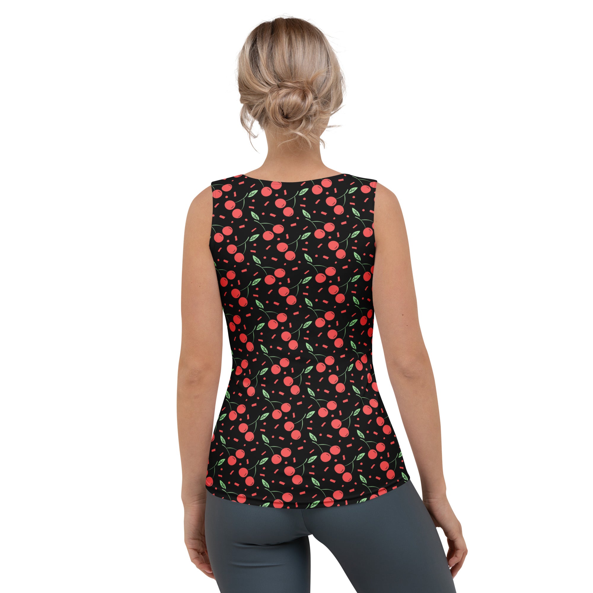 Women’s black sleeveless cherry print tank top with vibrant red cherries green stems quick drying buttery soft fabric upf 50+