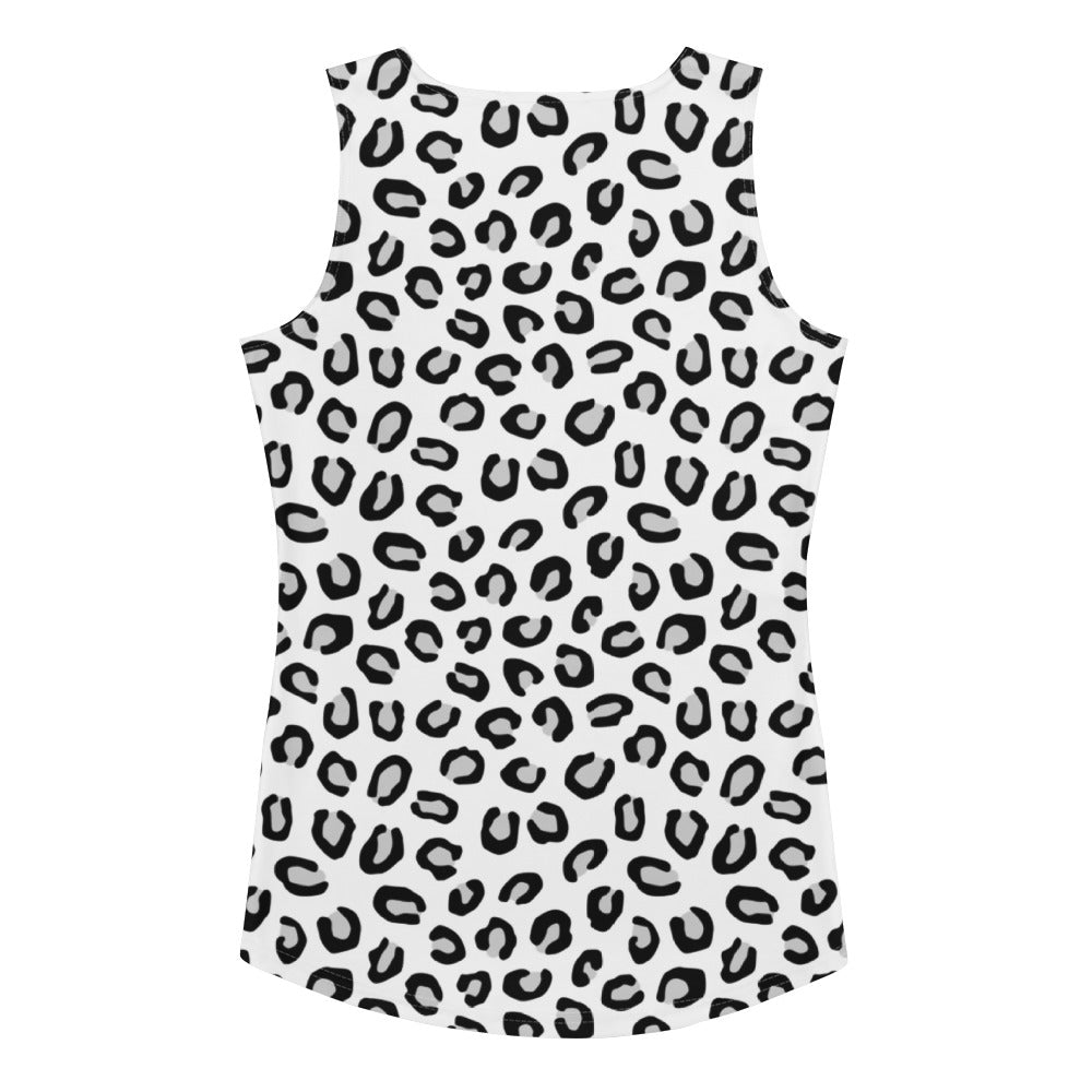 Women’s sleeveless white tank top with bold black leopard print made from quick drying buttery soft fabric with upf 50+