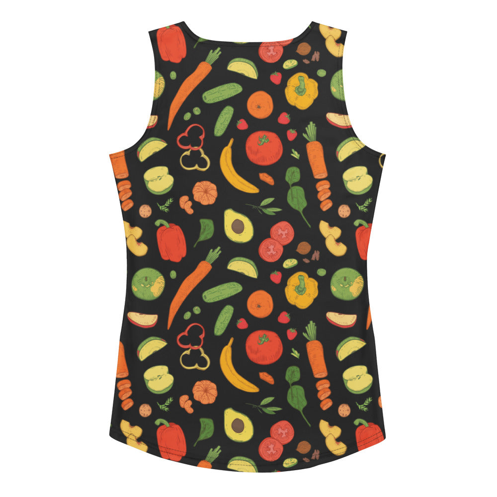 Women’s black sleeveless tank top with vibrant cartoon vegetable and fruit print quick drying buttery soft fabric upf 50+