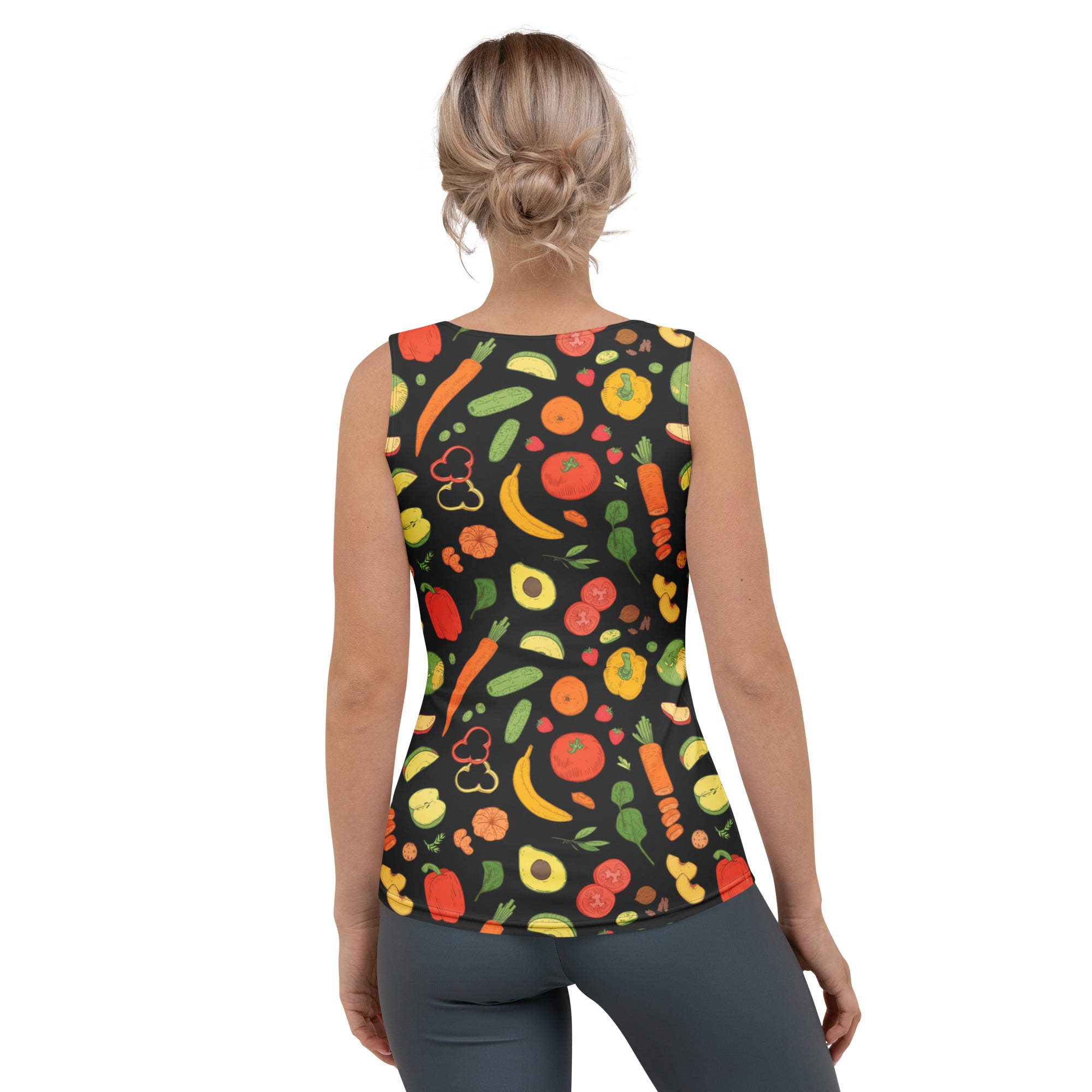 Black sleeveless women’s tank top with vibrant vegetable print quick drying buttery soft fabric upf 50 plus