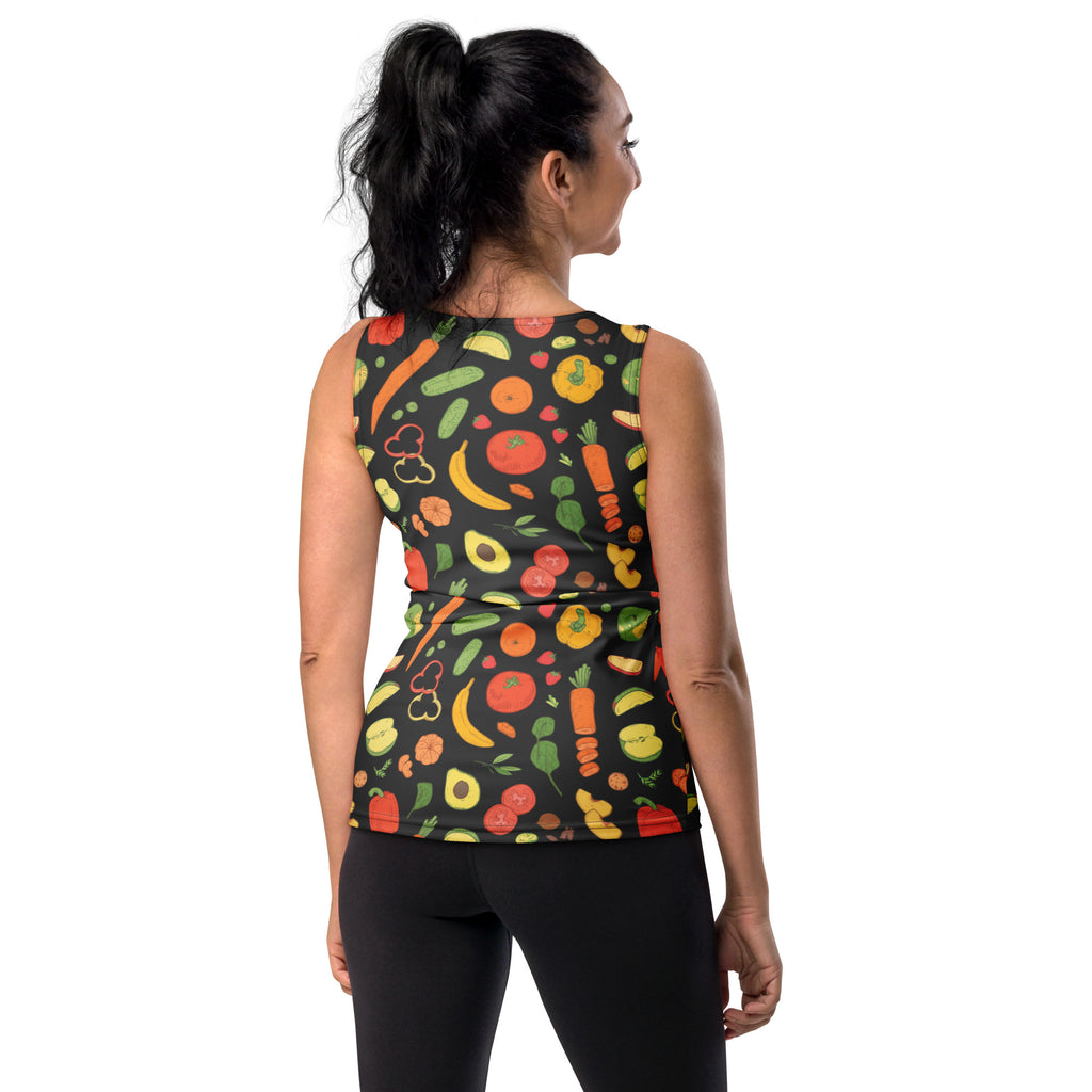 Black sleeveless women’s tank top with vibrant fruit and vegetable print quick drying buttery soft fabric upf 50+