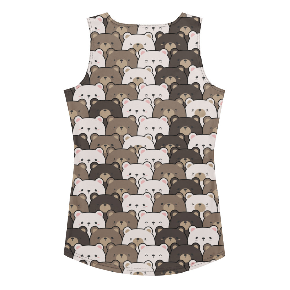 Women’s kawaii bear tank top with playful brown and white cartoon bears made of quick drying buttery soft fabric with upf 50+