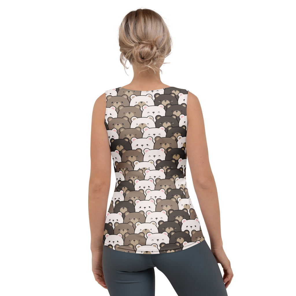 Women’s kawaii bear tank top with cartoon bear pattern in white gray brown quick drying buttery soft fabric upf 50+