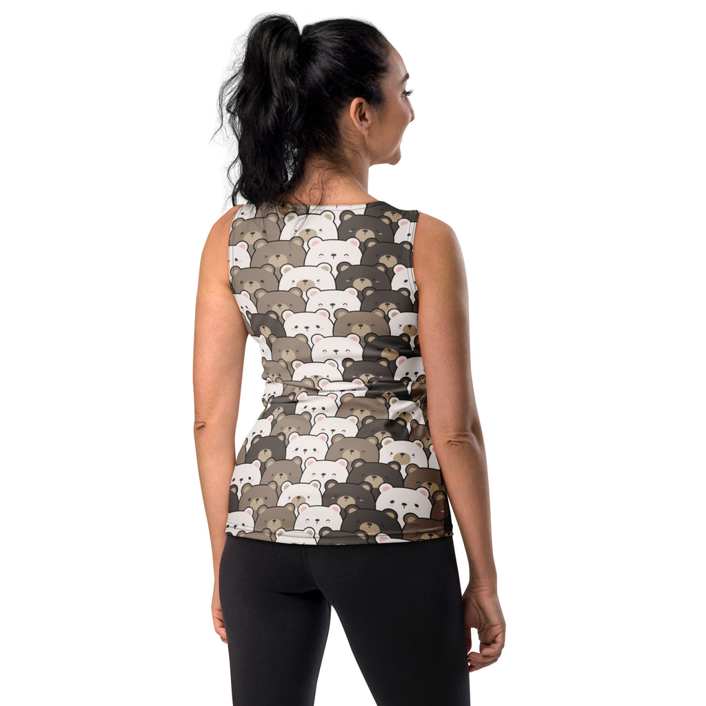 Women’s kawaii bear tank top with quick drying buttery soft fabric and upf 50 plus featuring cartoon bear pattern