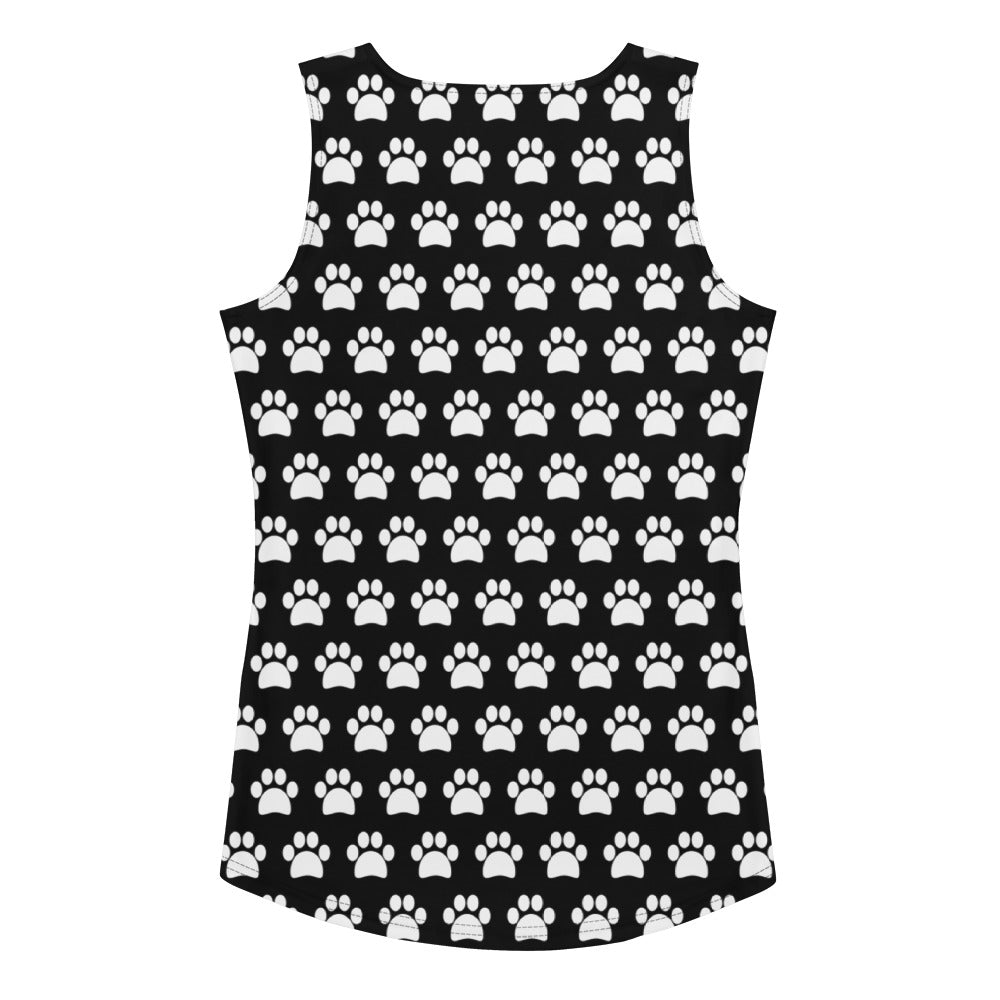 Women’s black sleeveless tank top with white paw prints made of quick drying buttery soft fabric with upf 50 plus
