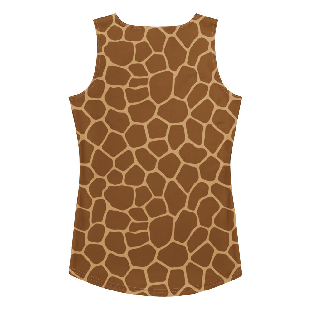 Women’s giraffe print tank top with irregular brown patches outlined in tan made of quick drying buttery soft fabric