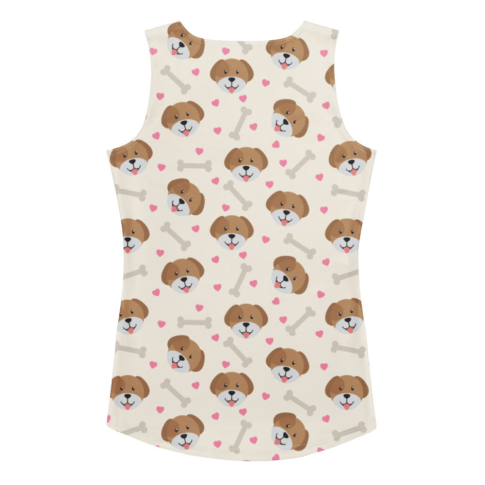 Women’s cute dog tank top in cream with brown puppy faces pink hearts and gray bones quick drying buttery soft fabric upf 50+