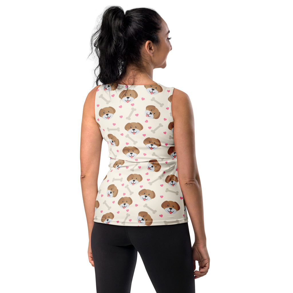 A cream-colored women’s cute dog tank top with brown puppy faces pink hearts white bones quick drying buttery soft fabric upf 50+