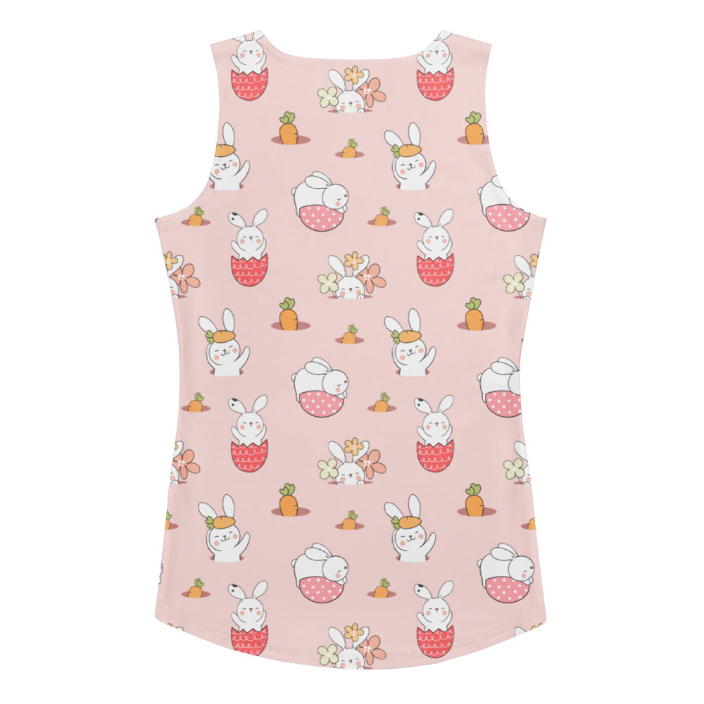 Women’s pink easter bunny tank top with white bunny and carrot pattern quick drying buttery soft fabric upf 50+
