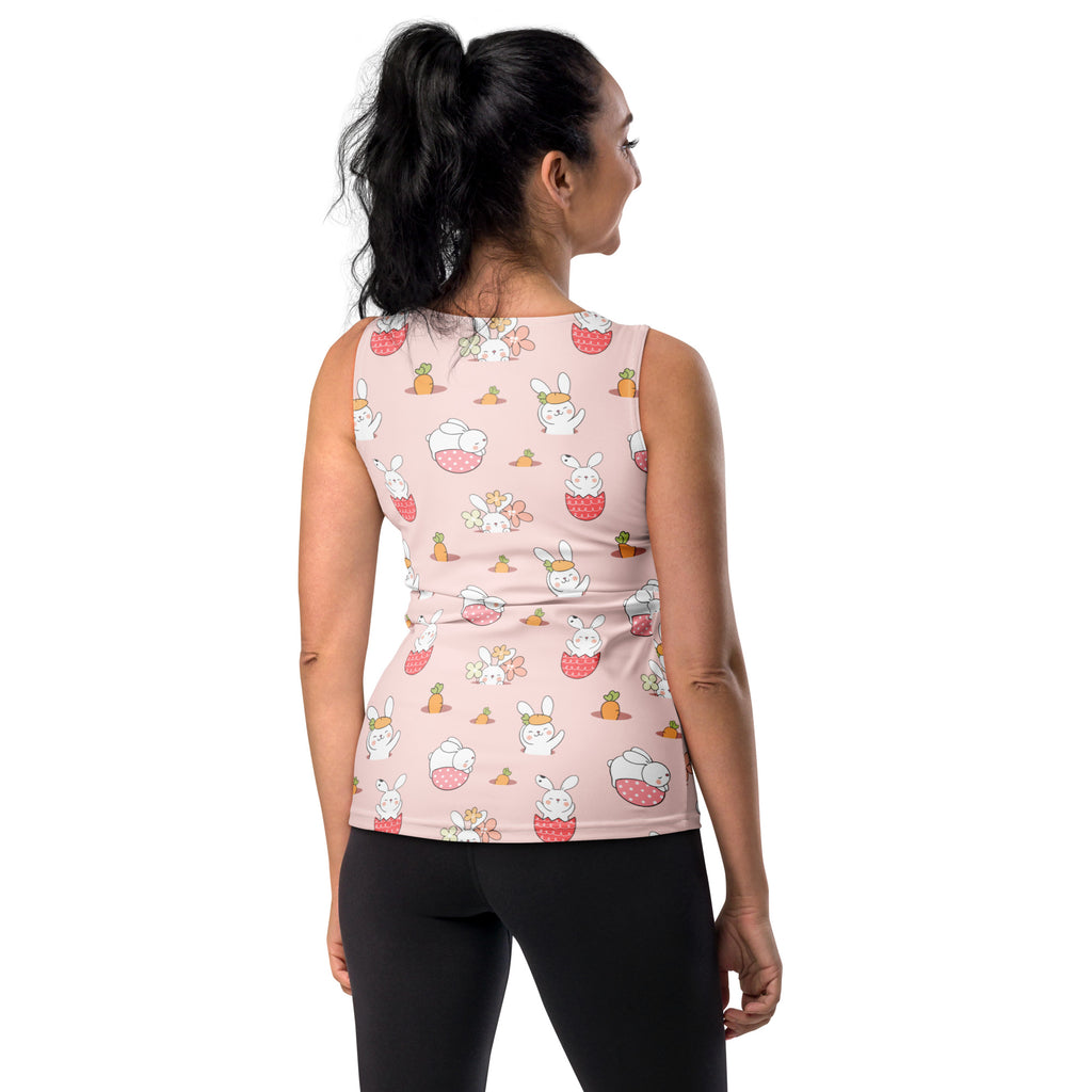 Women’s pink Easter bunny tank top with playful bunny carrot pattern, quick drying buttery soft fabric and UPF 50+ protection