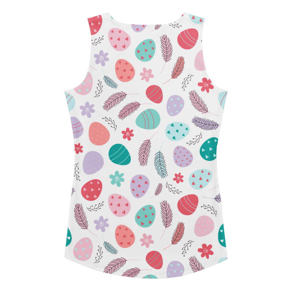 Women’s sleeveless white tank top with pastel floral easter eggs pattern made of quick drying buttery soft fabric with upf 50+