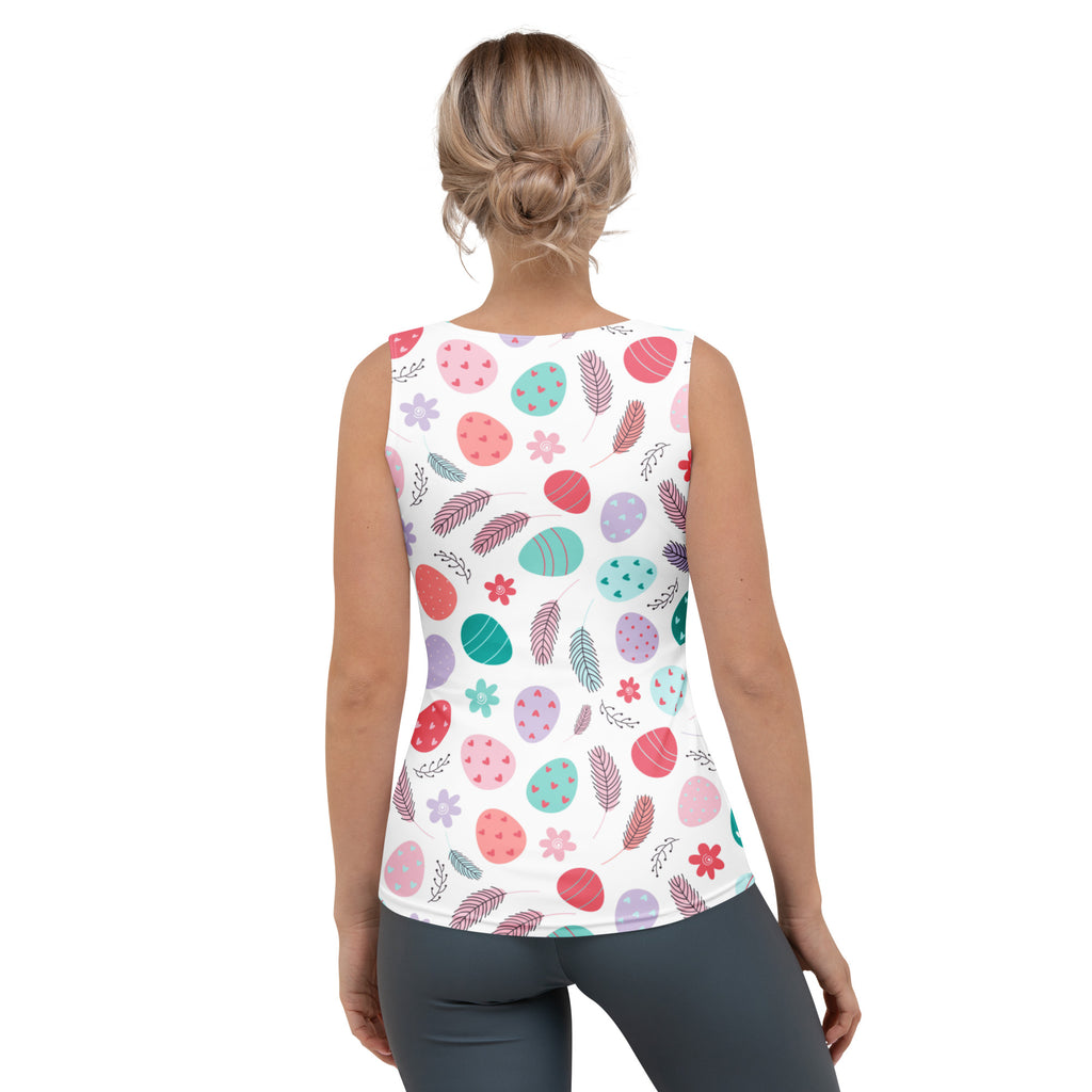 White sleeveless women’s tank top with colorful floral Easter egg pattern made of quick drying buttery soft fabric with UPF 50+