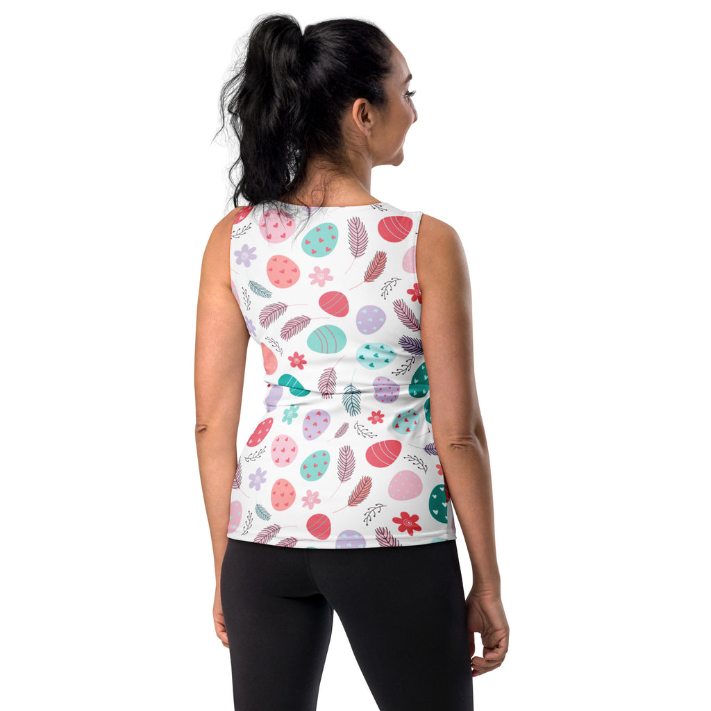 White sleeveless tank top with pastel floral Easter egg pattern made of quick drying buttery soft fabric with UPF 50+